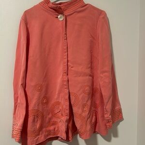 Womens J.JILL Mandarin Collar Jacket Salmon Color Tencell Embroidered SZ Medium